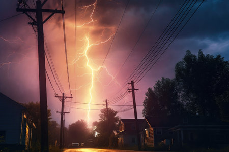 close-up of a lightning strike on a power line, created with generative aiの素材