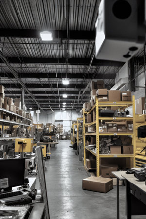 security camera monitoring the interior of a busy warehouse, created with generative aiの素材