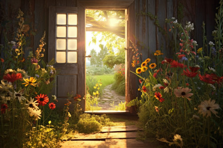 sunlit doorway amidst a wildflower garden, created with generative aiの素材