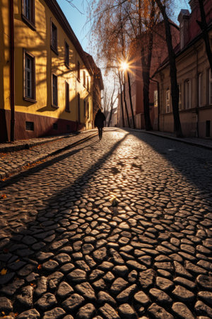 shadow of a person walking on a cobblestone street, created with generative aiの素材
