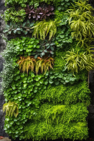 growing plants in a vertical garden on a wall, created with generative aiの素材