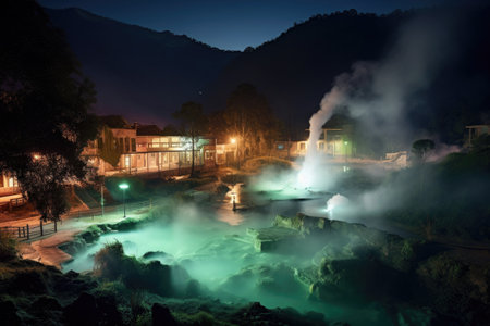nighttime view of hot springs with glowing steam, created with generative aiの素材