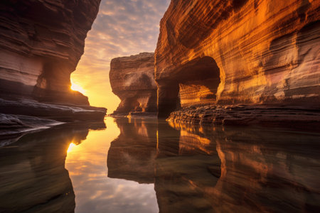 sea caves at sunset, golden light and reflections, created with generative aiの素材