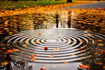 raindrops causing concentric circles on a puddle, created with generative aiの素材