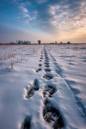 snowy field with animal footprints leading into the distance, created with generative aiの素材