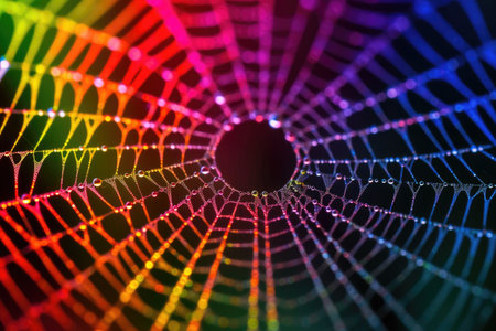 macro shot of a spider web with a rainbow spectrum effect, created with generative aiの素材