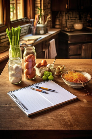 shopping list and pen on a wooden table, created with generative aiの素材