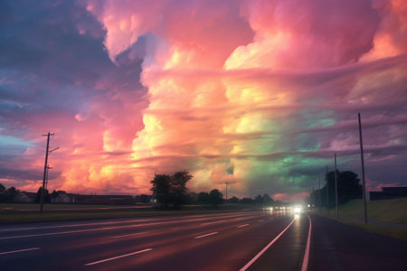 rainbow-lit clouds during a rare weather phenomenon, created with generative aiの素材