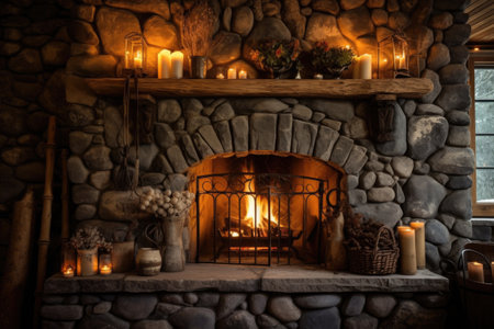 stone fireplace with glowing candles on the hearth, created with generative aiの素材