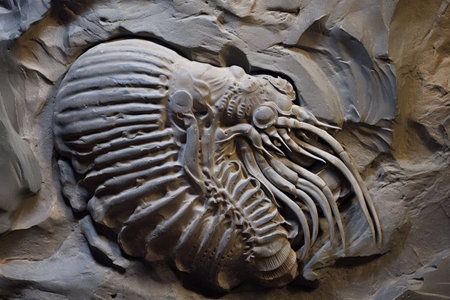 close-up of a trilobite fossil embedded in rock, created with generative aiの素材
