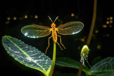 close-up of firefly glowing on a swamp plant, created with generative aiの素材