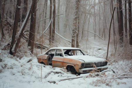 abandoned car wreck covered in snow, created with generative aiの素材