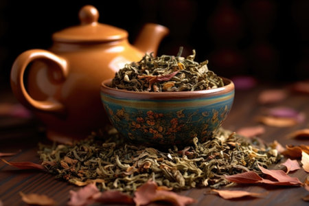 close-up of tea leaves in a ceramic teapot, created with generative aiの素材