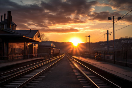 dramatic sunset, with train station platform in the foreground and the sun sinking below the horizon, created with generative aiの素材