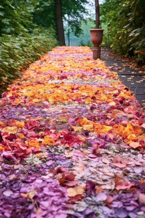 thank you made from flower petals on a garden path, created with generative aiの素材