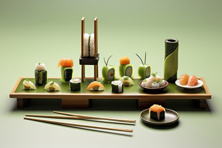 sushi set with wasabi, ginger, and chopsticks, created with generative aiの素材
