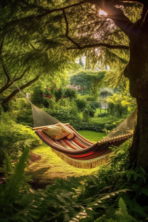 hammock swaying between trees in a peaceful garden, created with generative aiの素材