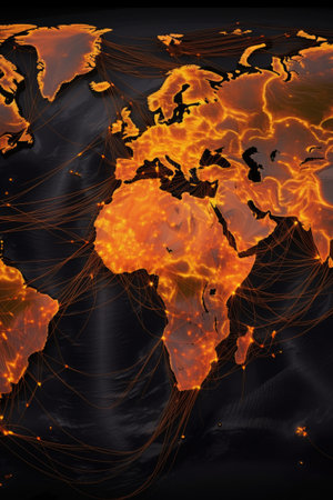 global map showing interconnected shipping routes, created with generative aiの素材