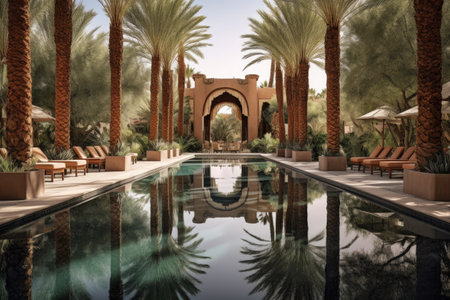 a desert oasis with palm trees and a mirror-like pool, created with generative aiの素材