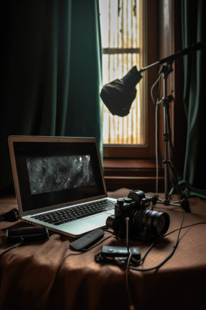 webinar equipment: microphone, camera, and laptop, created with generative aiの素材