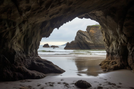 sea cave framed by rocky coastline at low tide, created with generative aiの素材