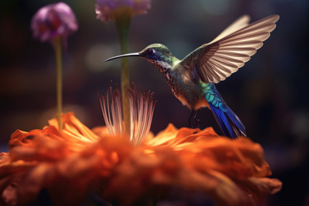 close-up of a hummingbird feeding on a flower, created with generative aiの素材