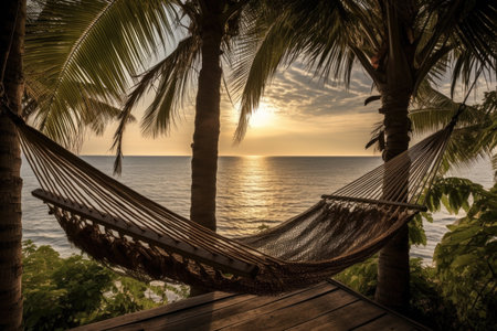 hammock strung between palm trees overlooking the ocean, created with generative aiの素材
