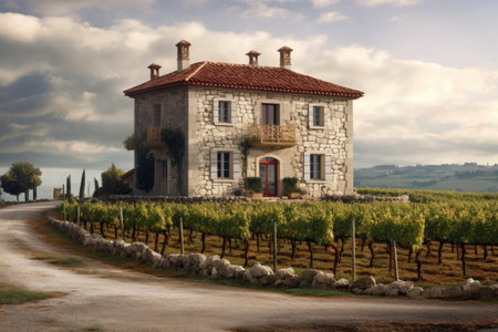 stone house with vineyard in the countryside, created with generative aiの素材