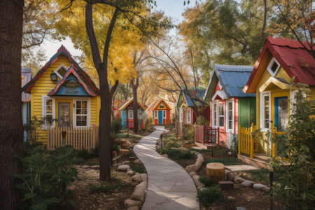 a tiny house community filled with whimsical, colorful homes in a park setting, created with generative aiの素材