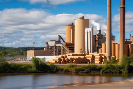pulp and paper mill, with towering stacks of raw materials in the background, created with generative aiの素材
