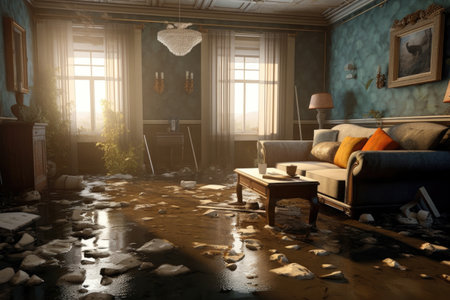 flooded room due to a broken water pipe, created with generative aiの素材