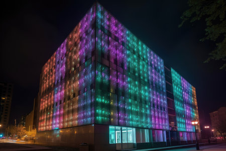 led lights installed on facade of modern building to create unique and eye-catching effect, created with generative aiの素材