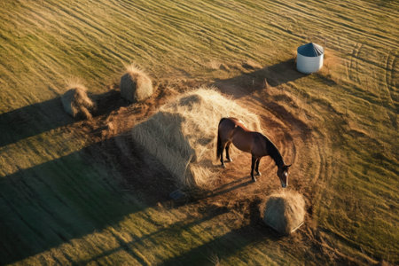 aerial view of horse eating hay in pasture, created with generative aiの素材