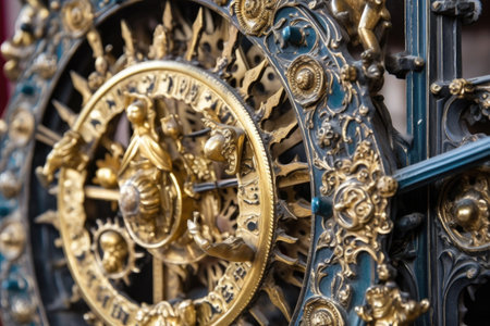 close-up of intricate astronomical clock gears, created with generative aiの素材