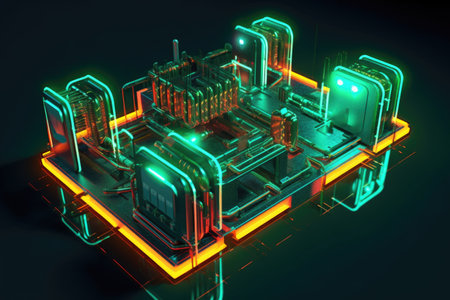 3d render of glowing neon circuit board design, created with generative aiの素材