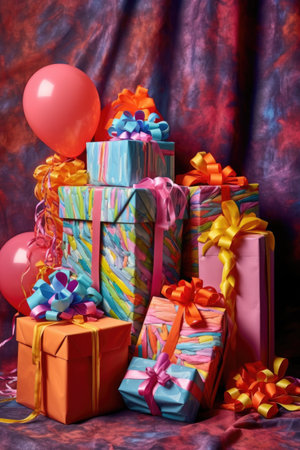 birthday presents wrapped in vibrant paper and ribbons, created with generative aiの素材