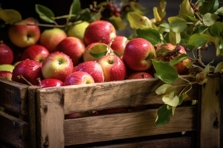 close-up of freshly picked apples in wooden crate, created with generative aiの素材