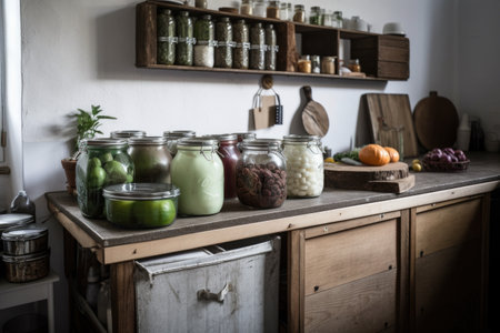 zero-waste kitchen, with composting bin and jars for storing leftovers, created with generative aiの素材