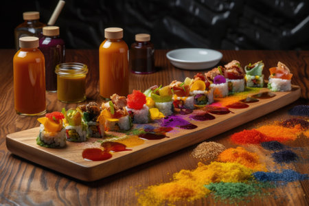 a dish of deconstructed sushi rolls with colorful ingredients and sauces, created with generative aiの素材