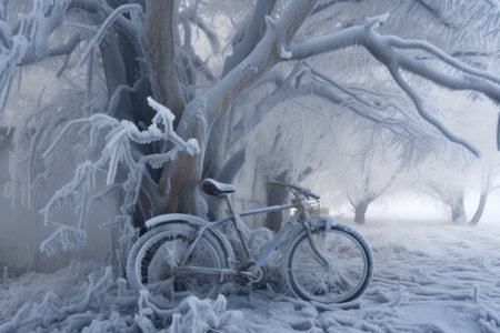 bicycle leaning against frosty tree in blizzard, created with generative aiの素材