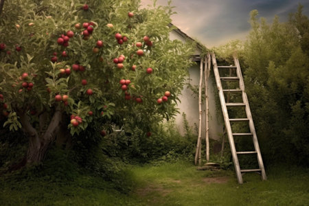 ladder leaning against apple tree, ready for picking, created with generative aiの素材