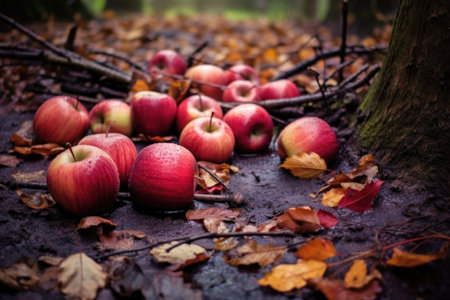 fallen apples on the ground, surrounded by autumn leaves, created with generative aiの素材