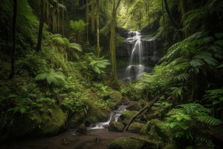 cascading waterfalls surrounded by lush greenery and towering trees, created with generative aiの素材