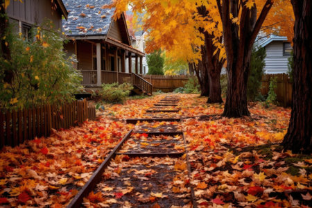 autumn leaves creating a path in a well-kept yard, created with generative aiの素材
