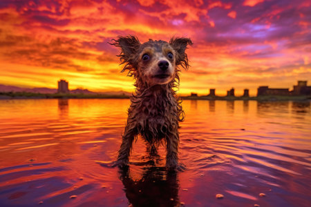wet dog shaking in front of a vibrant sunset or sunrise, created with generative aiの素材