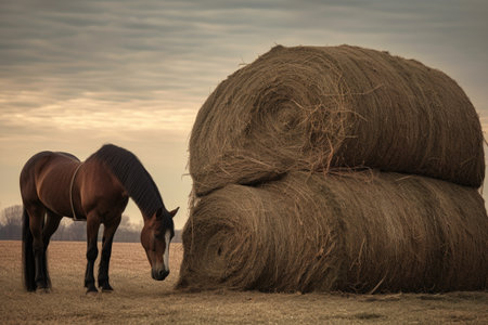hay bale being sniffed by a curious horse, created with generative aiの素材