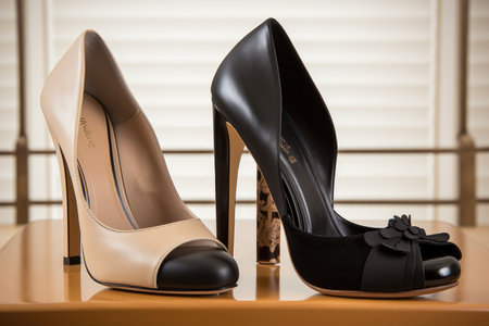 elegant footwear collection with classic black high heels and playful platform heels, created with generative aiの素材