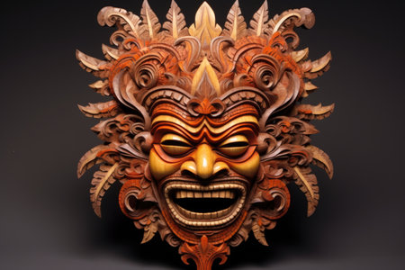 intricate wood carving of a balinese mask, created with generative aiの素材