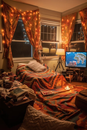 family movie night setup with projector and blankets, created with generative aiの素材