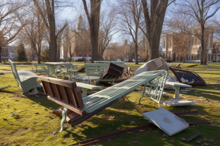 overturned park benches and damaged picnic tables, created with generative aiの素材